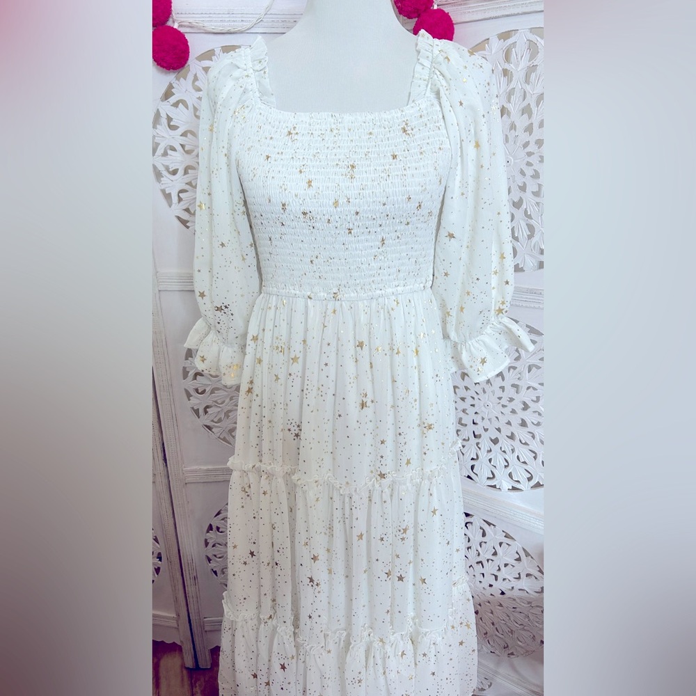 Ivy City White MidSummer Nights with Gold Stars Dress